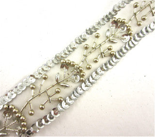 Trim with Flower made with Silver Sequins and Pearls 1.5