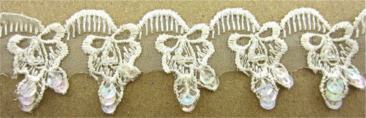 Trim, Scallops with Embroidered Flowers and Iridescent Sequins and Beads 1.5" Wide