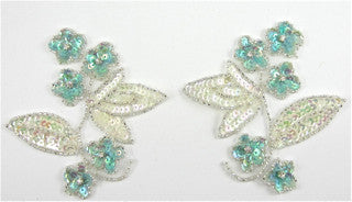 Flower Pair with Iridescent and Turqoise Sequins, Silver Beads and Rhinestones 4" x 4 and