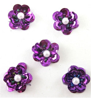 Flower set of 5 Purple with White Pearl in Center 1"