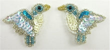 Load image into Gallery viewer, Bird Pair with Turquoise and White and Blue Sequins and Beads 1.5&quot; x 2&quot;