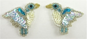 Bird Pair with Turquoise and White and Blue Sequins and Beads 1.5" x 2"