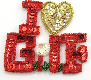 I Love Golf Small Red/Gold Sequins 2.5" x 3"