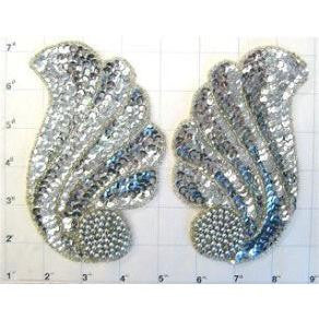 Designer Motif Wave Style Pair with Silver Sequins and Beads 6.5" x 4"