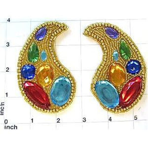 Designer Motif Paisley Pair with Multi-Colored Stones 3.5" x 2"
