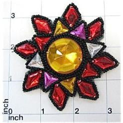 Jewel with Red Gold Black Sequins and Beads 3.5" x 3.5"