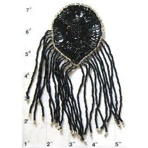 Epualet Black Beads and Fringe with silver Beaded Trim 6" x 4"