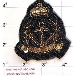Crest with Anchor, Black and Gold Sequin and Beads 3" x 3"