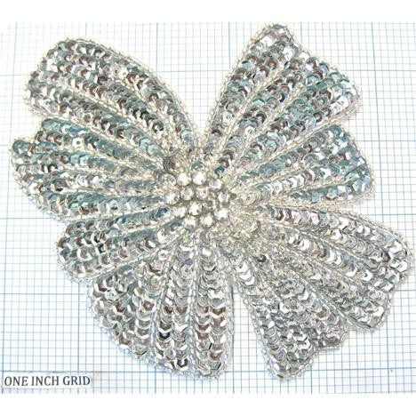 Flower Appliqué with Silver sequins and Beads and Rhinestones 4.75" x 5.5"