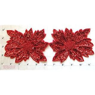 Flower Pair with Red Sequins and Beads 4" x 5"