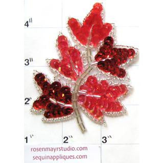 Leaf with Red Sequins and Silver Beads 3.5" x 4"