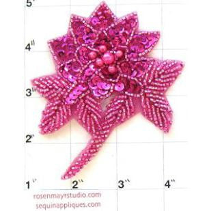 Flower Fuchsia with Pink Sequins and Pink Pearls 4" x 3.5"