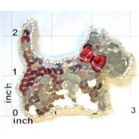 Scotty Dog Facing Right with Silver Sequins Beads and Bow 2.25" x 3"