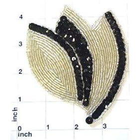Designer Motif Leaf Shape with Black and White Sequins and Beads 4.25" x 3.75"