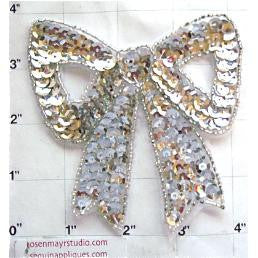 Bow Silver Sequins and Beads 4" x 4"