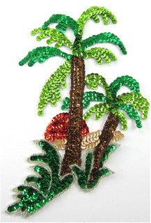 Palm Tree Appliqué with Sunset - Green, Brown, Orange and Beige Sequins with Silver and Bronze Beads 8"x 5"