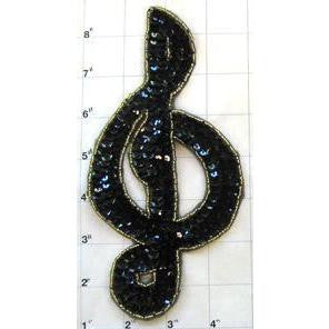 Treble Clef with Black Sequins and Gold Beaded Trim 7" x 3.5"