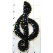 Load image into Gallery viewer, Treble Clef Black Sequins Gold Beaded Trim 7&quot; x 3.5&quot;