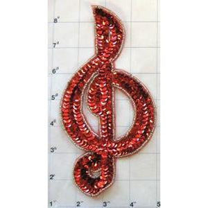 Treble Clef Red Sequins Silver Beaded Trim 8" x 4"