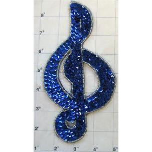 Treble Clef with Blue Sequins and Silver Beads 7.5" x 4"