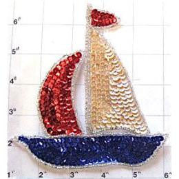 Sailboat with Beige Red and Blue Sequins and Beads 5.5" x 5"