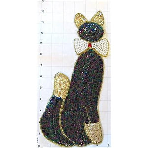 Cat with Moonlight, Gold Sequins and Beads, Pearl Bow and Rhinestone Eyes 12" x 6"