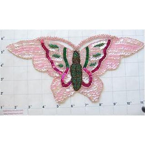 Butterfly with Pink Green Fuchsia Sequins and Beads and Rhinestone Eyes 10.75" x 5"