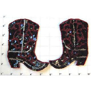 Cowboy Boot Pair with Black, Red and Silver Sequins and Beads 5" x 4.5"
