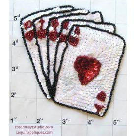 Royal Straight Card Hand White Iridescent and Red Sequins with Red and Black Beads 4” x 3”