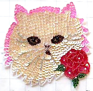 Cat Face Beige Sequins with Rose 6" x 6"