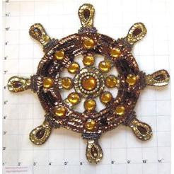 Ships Wheel Dark Brown and Gold Sequins and Beads 10.5"