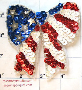 10 PACK Bow Red White and Blue with Sequins and Beads 4" x 4" - Sequinappliques.com