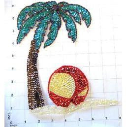 Palm Tree on a Beach with Sand and a Beach Ball - Green, Bronze, Red, Yellow and Iridescent Sequins and Green, Red and Bronze Beads 9" X 8"
