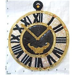 Clock Appliqué with Black and Gold Beads - Cream Sequins 9" x 7.5"