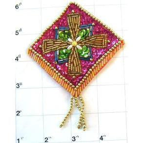 Designer Motif with Fuchsia Green Gold Sequins and Beads 4.5" x 3.5"