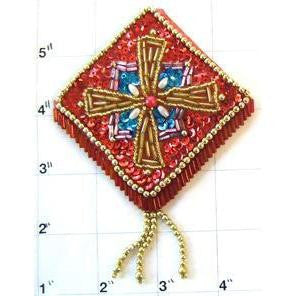 Designer Motif Epaulet Red with Turquoise Gold Sequins and Beads 4.5" x 3.5"