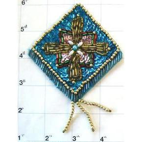 Designer Motif Epauletwith Turquoise and Pink Sequins and Beads 4.5" x 3.5"