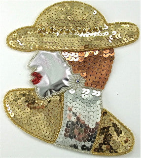 Fashion Diva Lady Applique with Gold Hat - Gold and Silver Sequins and Gold, Silver and Red Beads - AB Rhinestone Earring 5.75" x 5.75"