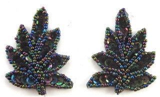Leaf Pair with Moonlight Sequins and Beads 2" x 1.5"