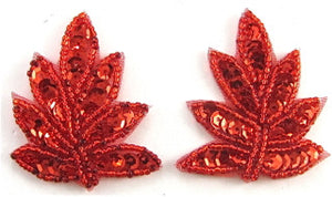 Leaf Pair with Red Sequins and Beads 2" x 2"