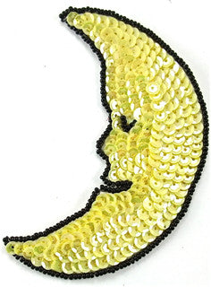 Crescent Moon Face Yellow and Black Sequin Beaded 4" x 2.5"