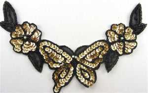 Flower Neck Line with Black and Gold Sequins and Beads 9" x 6"