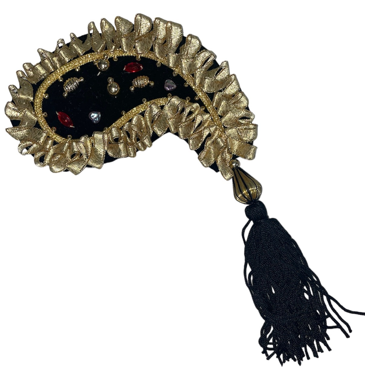 Hombrera Paisley Negra y Dorada con Borla y Gemas 9.5" x 3.5"