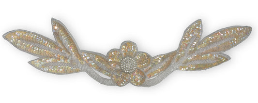 Flower Neckline with Beige Sequins and White Beads 4" x 17"
