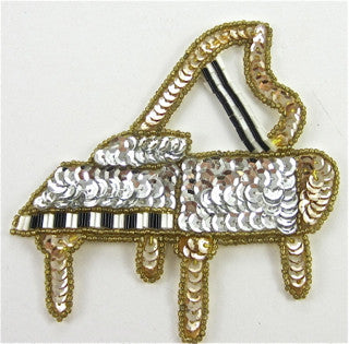Grand Piano with Silver Sequins and Gold, White and Black Beads 4.5" x 4.5"