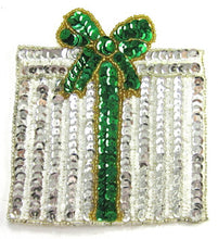 Load image into Gallery viewer, Present Xmas large with Silver/Green Sequins, 4.5&quot;x 4.5&quot;