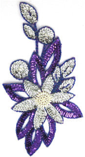 Flower with Purple and Silver Sequins and Beads and White Pearls 12" x 6.5"