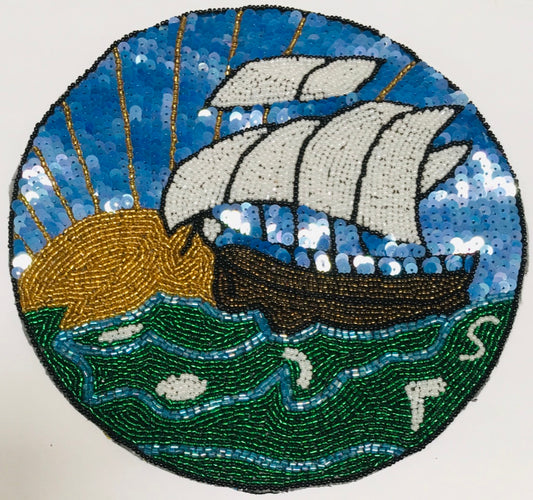Ship Sailing at Sunset, 8" Circle