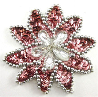 Designer Motif with Pink Sequins and Silver Beads with Center Rhinestones 4” x 4”