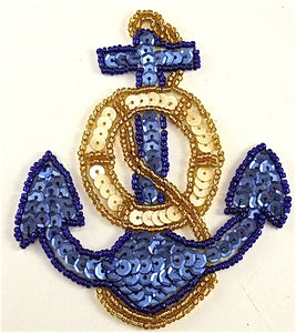 Anchor with Blue Gold and Rope 4.25" x 3.5" - Sequinappliques.com